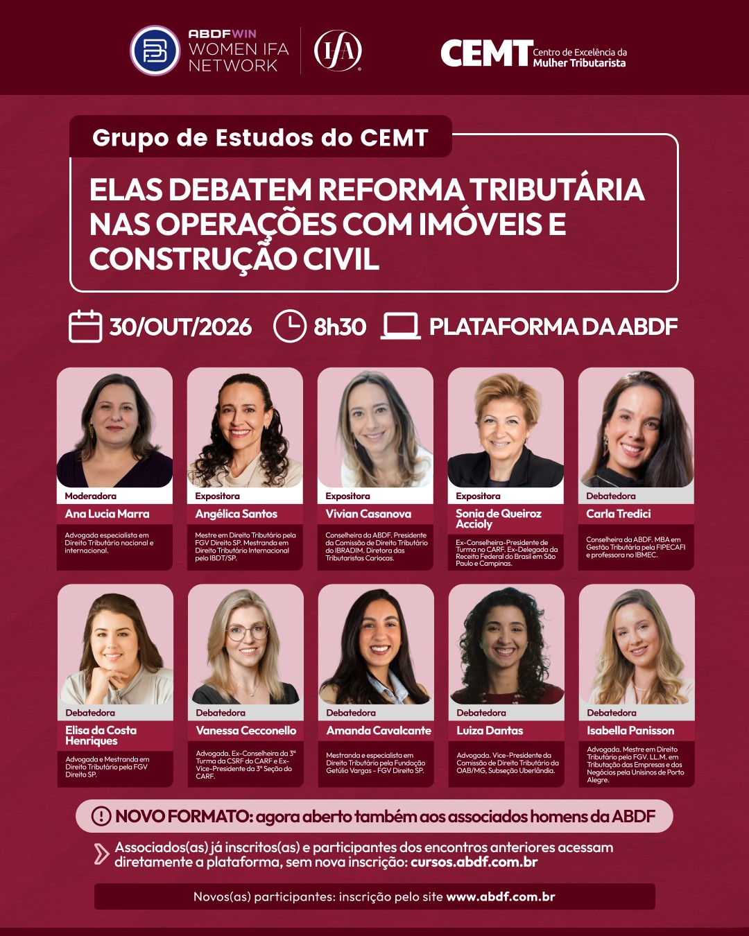 Grupo de Estudos do CEMT, 30 de outubro de 2026: Elas Debatem Reforma Tributária nas Operações com Imóveis e Construção Civil